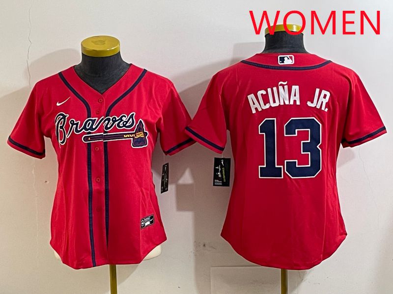 Women Atlanta Braves #13 Acuna jr Red Game 2025 Nike MLB Jersey style 1->women mlb jersey->Women Jersey
